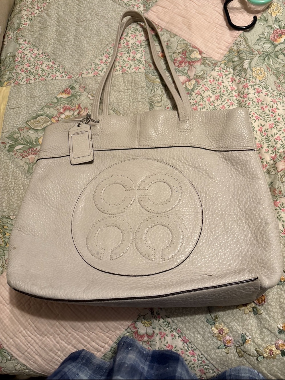 Coach Cream Pebbled Leather Tote with Signature Medallion